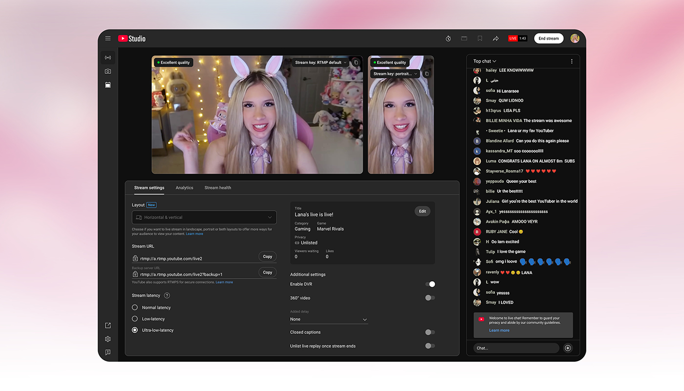 An example of the simultaneous horizontal and vertical streams in Creator Studio.