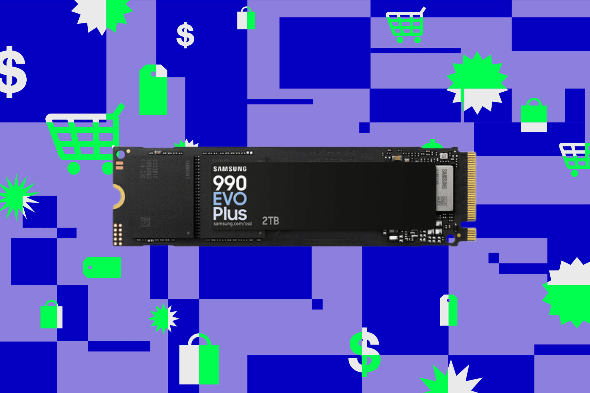 An image of a Samsung 990 Evo Plus 2TB SSD on a green, purple, blue background.