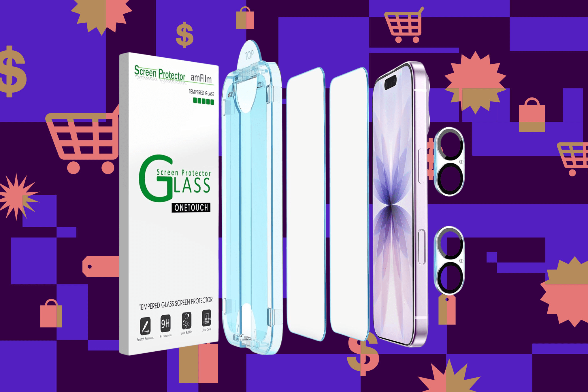 amFilm’s OneTouch screen protectors against a purple background.