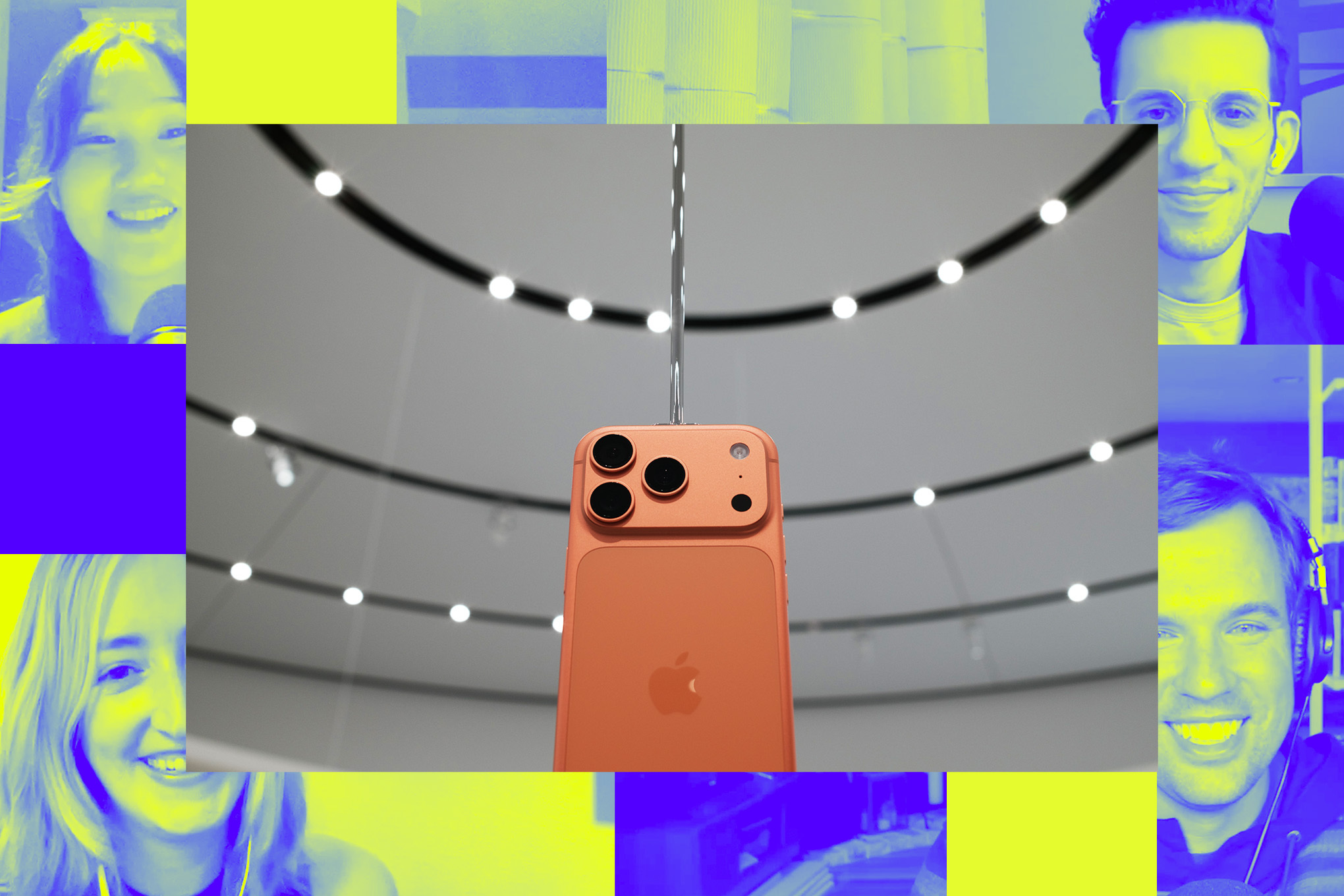 A photo of the orange iPhone 17 Pro on a Vergecast background.