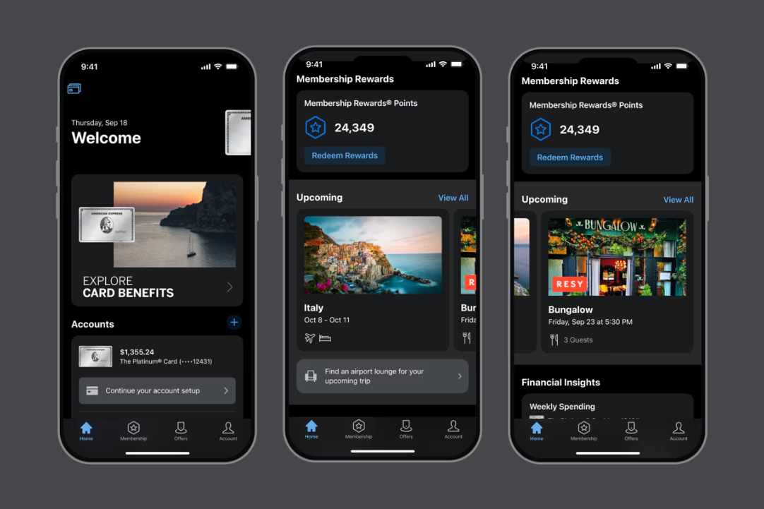 Three screenshots of the American Express mobile app.