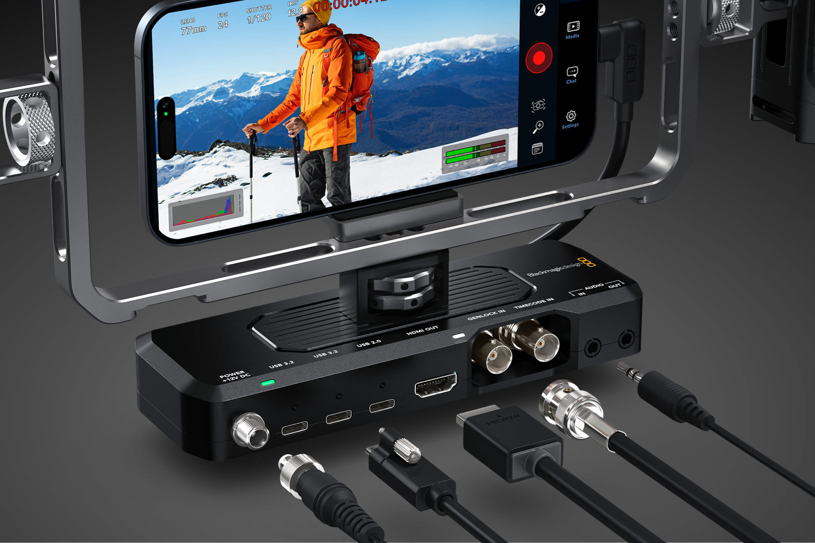 The Blackmagic Camera ProDock connected to an iPhone 17 Pro alongside an elaborate filming rig.