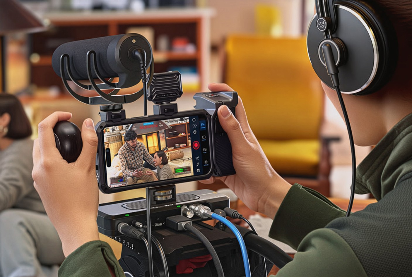 A camera operator holds a film rig with an iPhone 17 Pro and Blackmagic Camera ProDock attached.