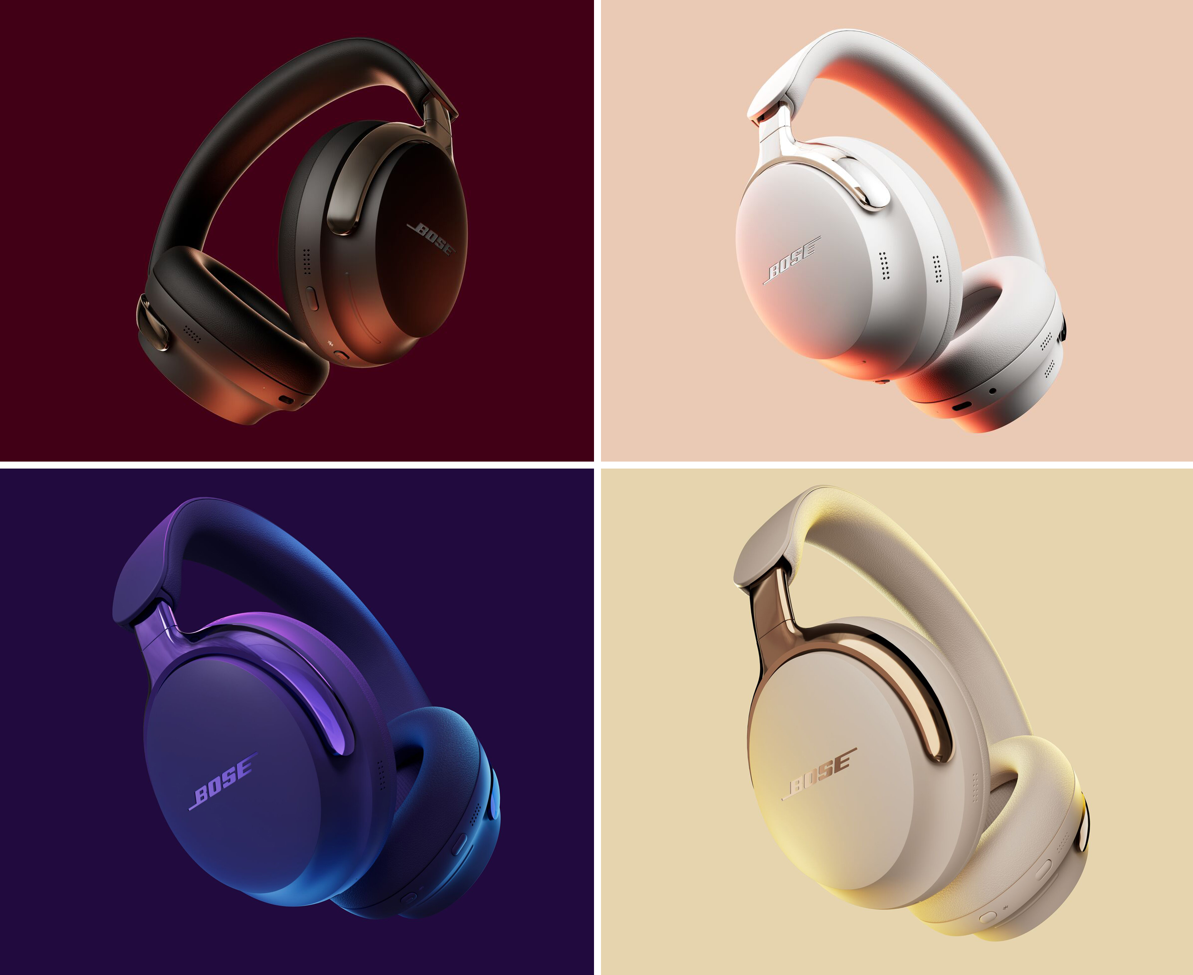The Bose QuietComfort Ultra headphones pictured in four different colors.