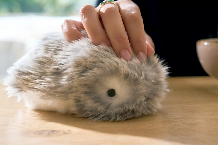 A person pets the head of Casio’s Moflin robot.