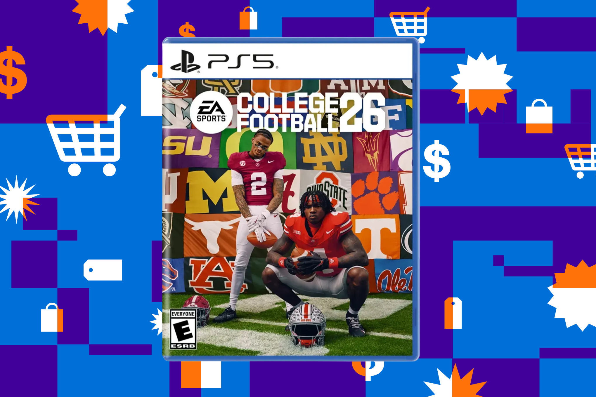 A mosaic with EA Sports College Football game in the center. The background consists of shopping-related symbols, including a shopping cart, price tag, and shopping back.