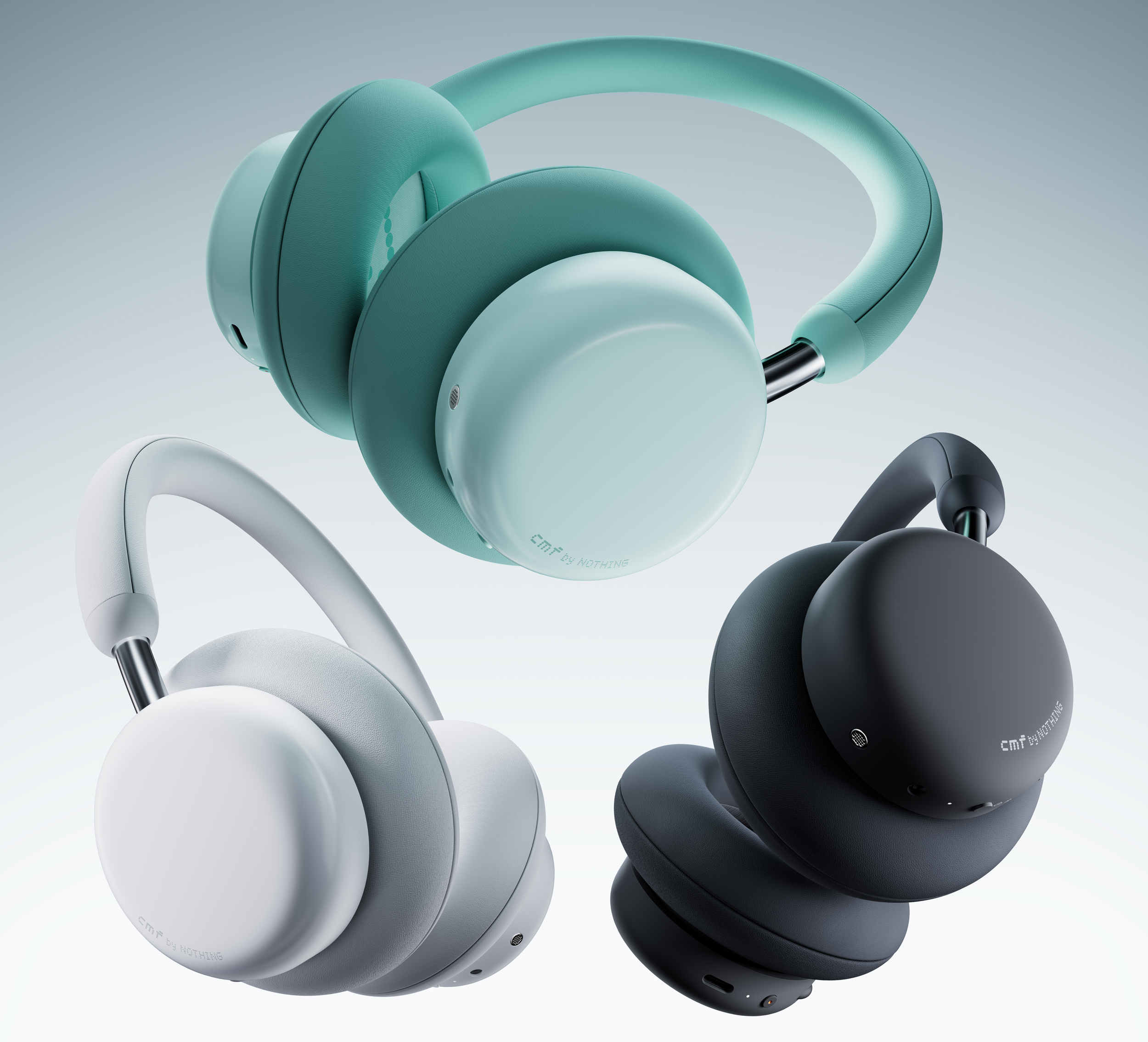 Three pairs of CMF Headphone Pro in different colors floating against a gradient background.