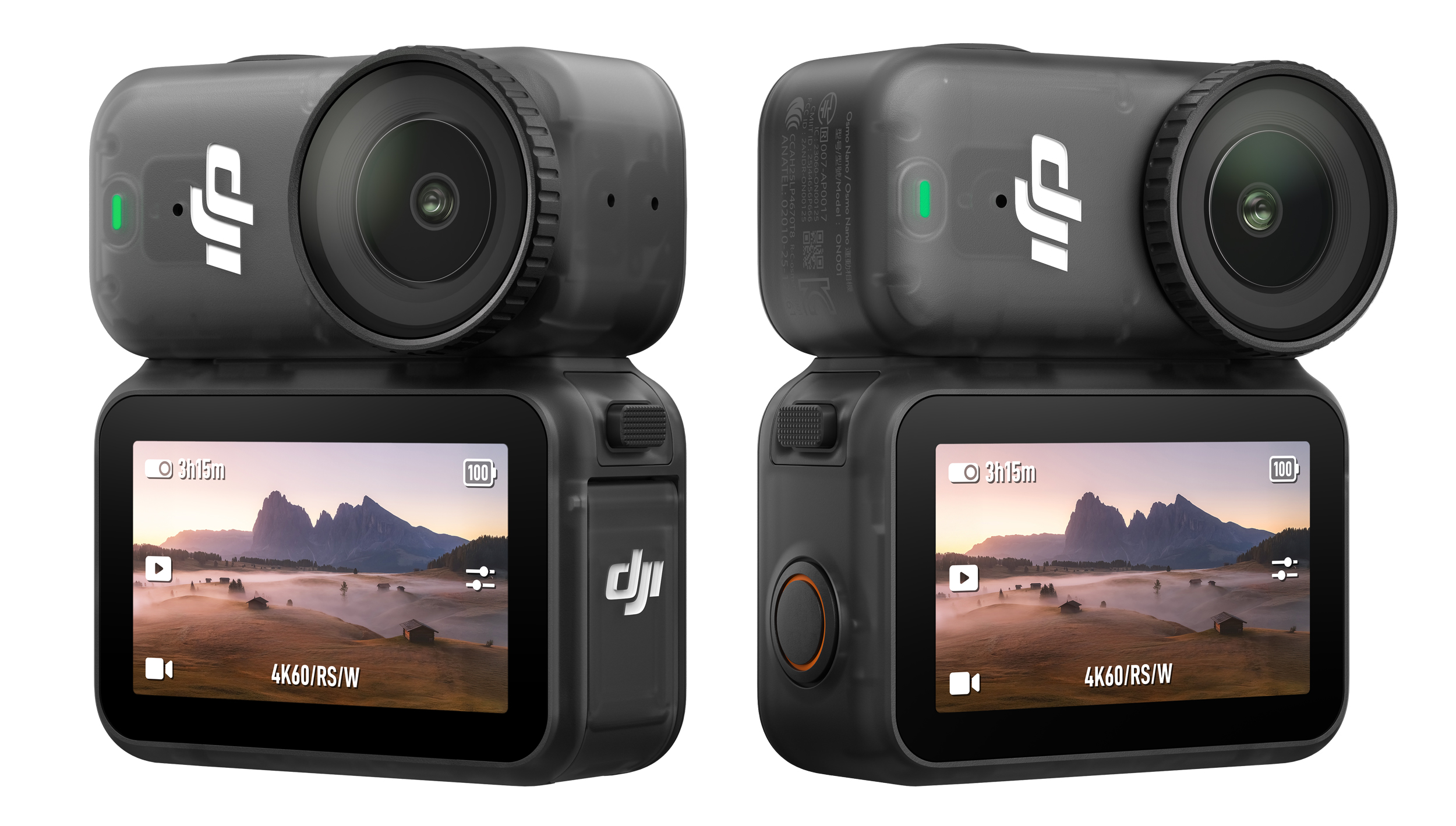 The DJI Osmo Nano attached to its touchscreen dock pictured from two different angles.