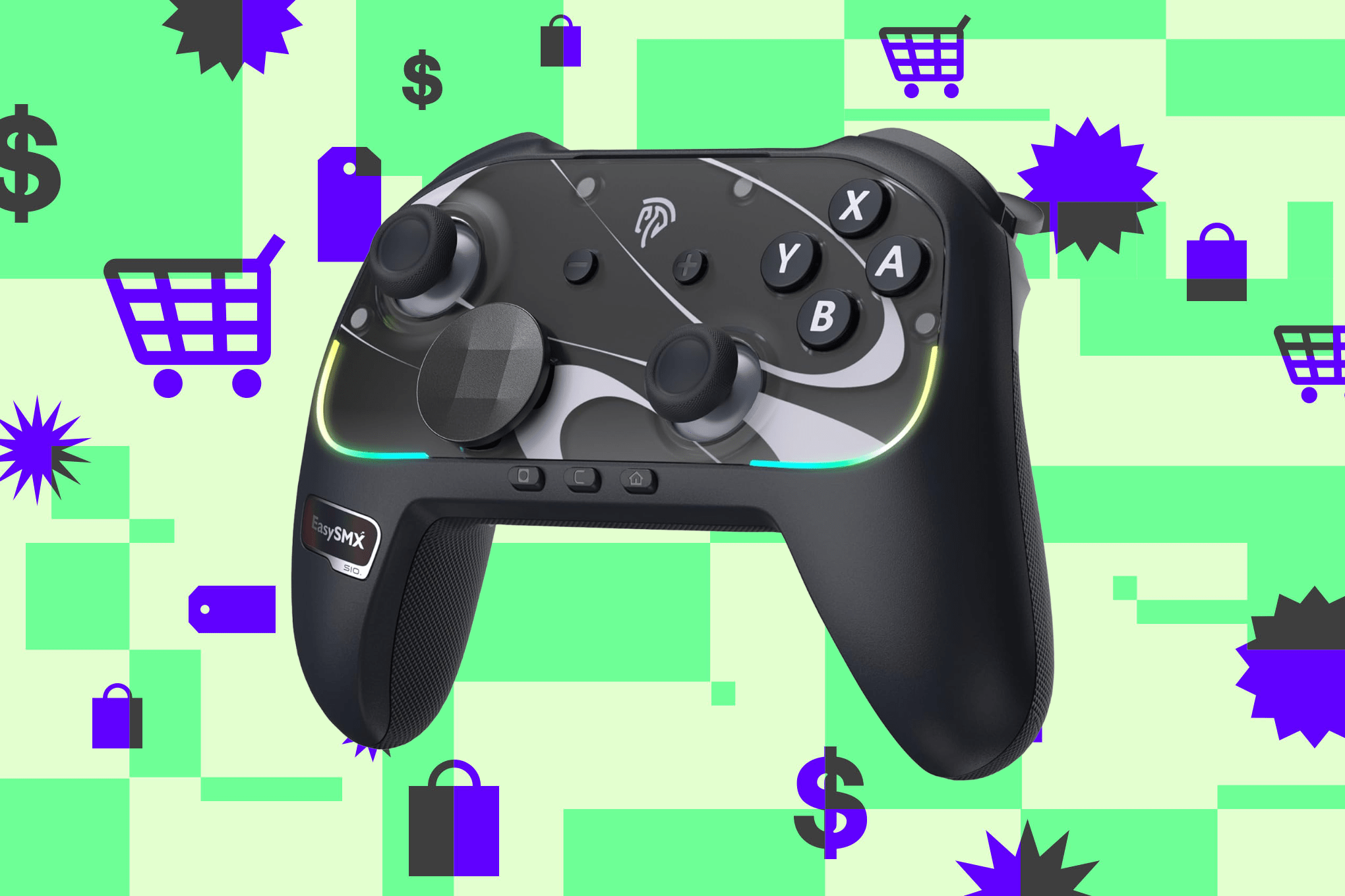 An image showing the EasySMX S10 controller for the Nintendo Switch and Switch 2. The black controller is in front of a multi-colored background sprinkled with multiple symbols, including that of a shopping cart, a price tag, and a shopping back.