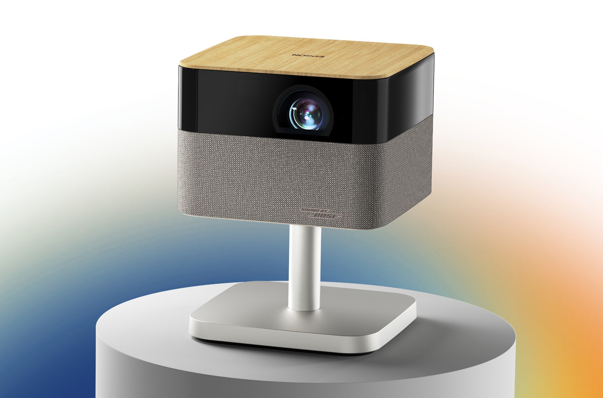 The Epson Lifestudio Flex Plus projector on a display stand. The Epson Lifestudio Flex Plus projector on a display stand.