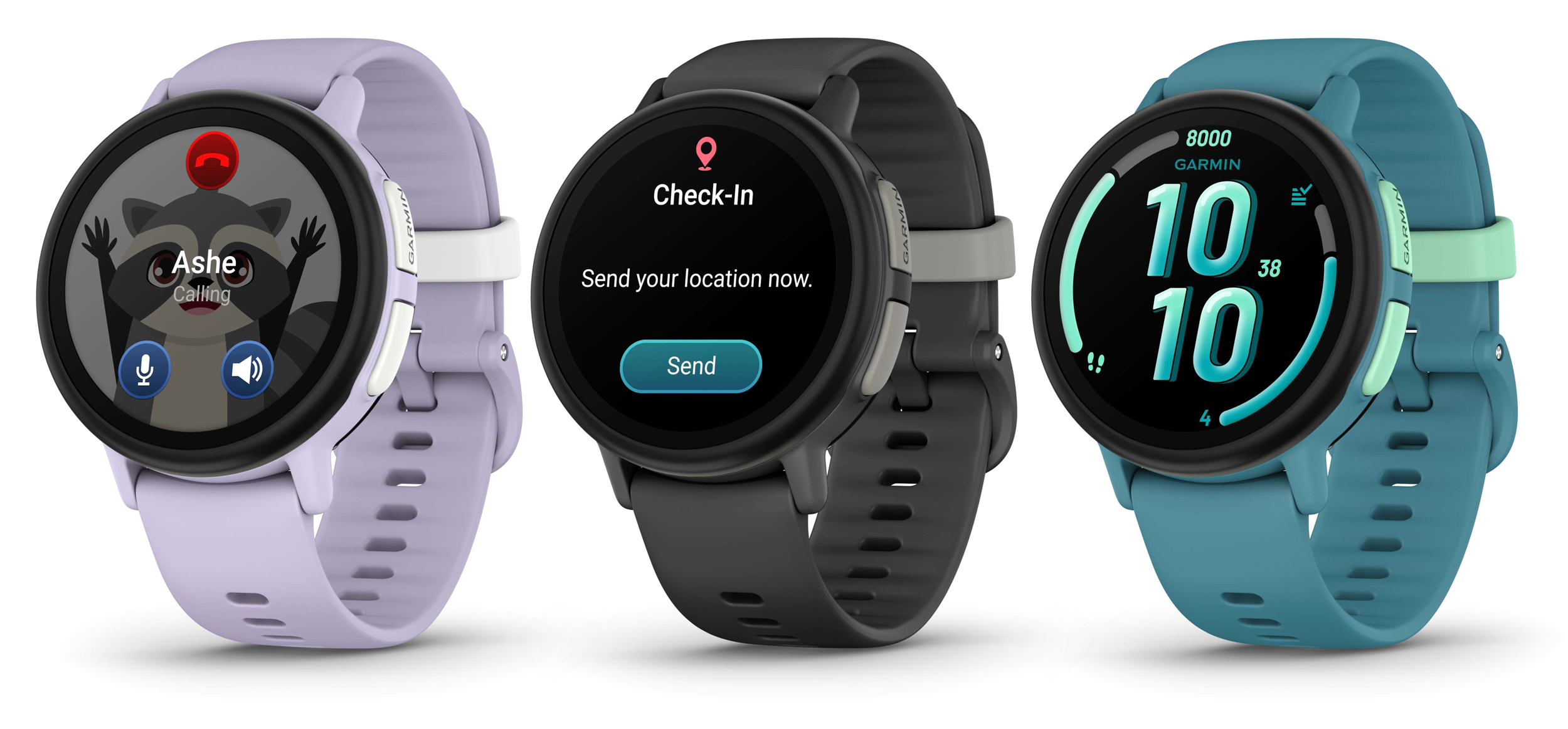 Three Garmin Bounce 2 watches lined up next to each other in different colors. Three Garmin Bounce 2 watches lined up next to each other in different colors.