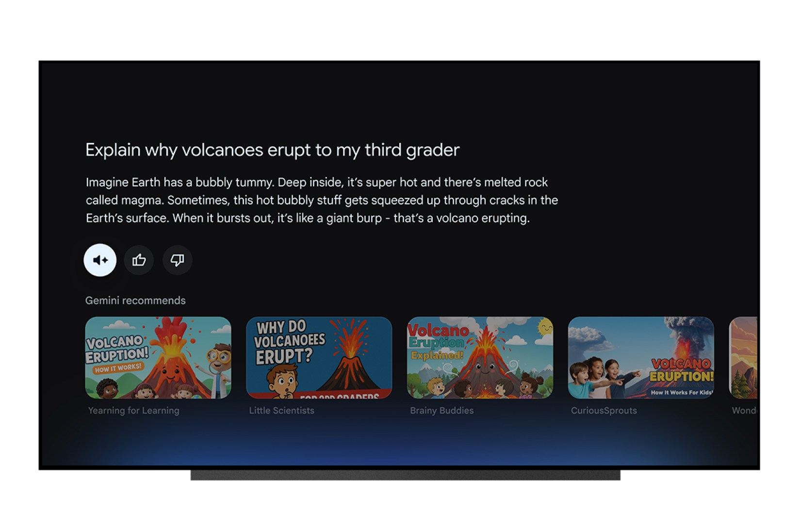 A response from Gemini on Google TV with suggested YouTube videos on a TV screen. A response from Gemini on Google TV with suggested YouTube videos on a TV screen.