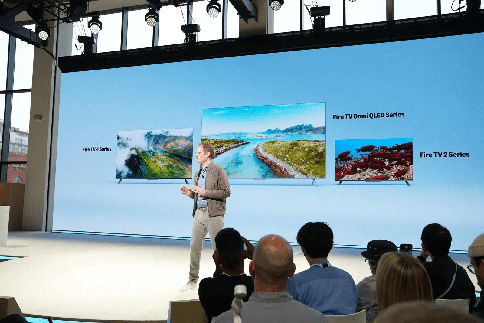An image showing the new 2025 Fire TV models being shown on stage