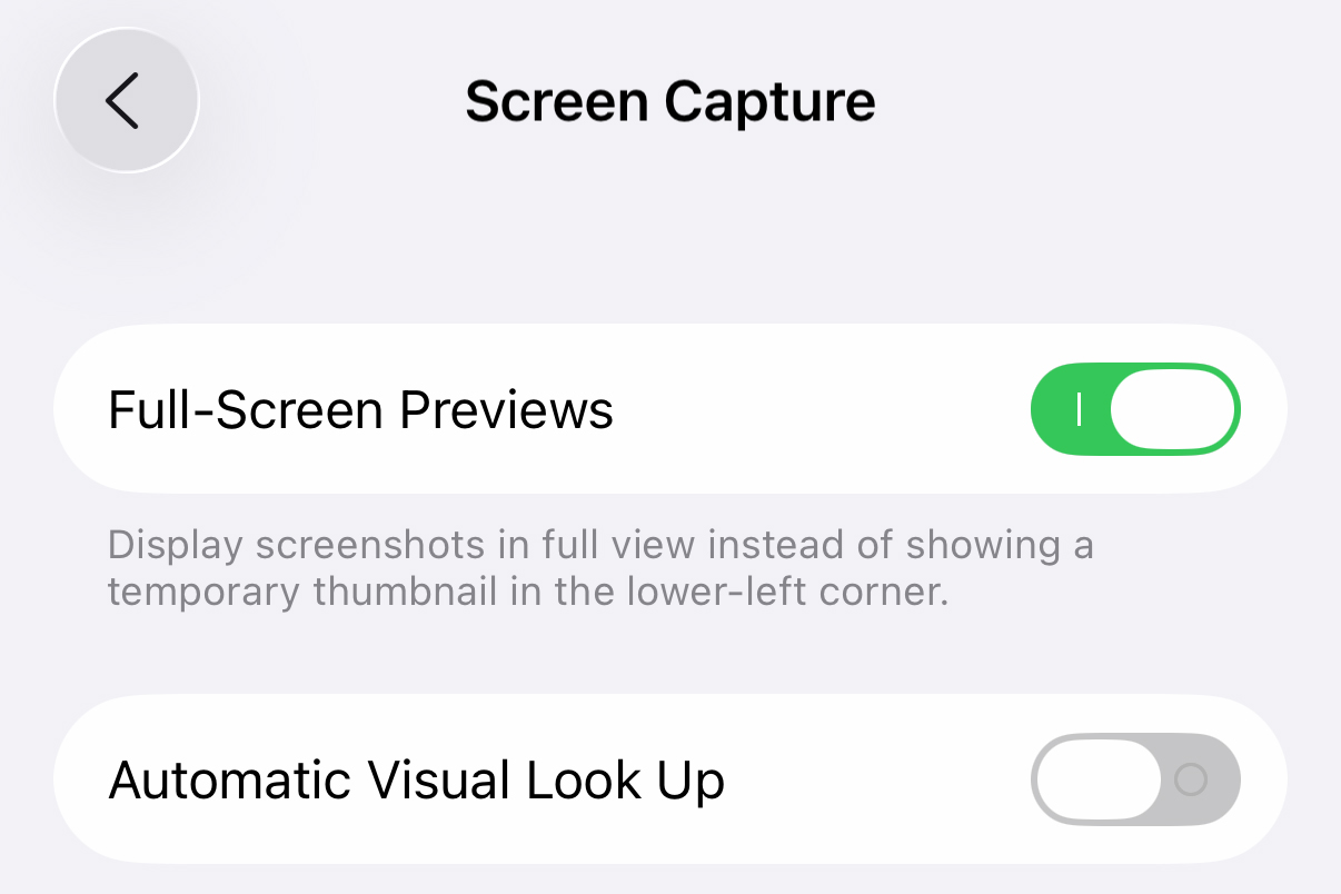A screenshot of the Screen Capture settings in iOS 26.