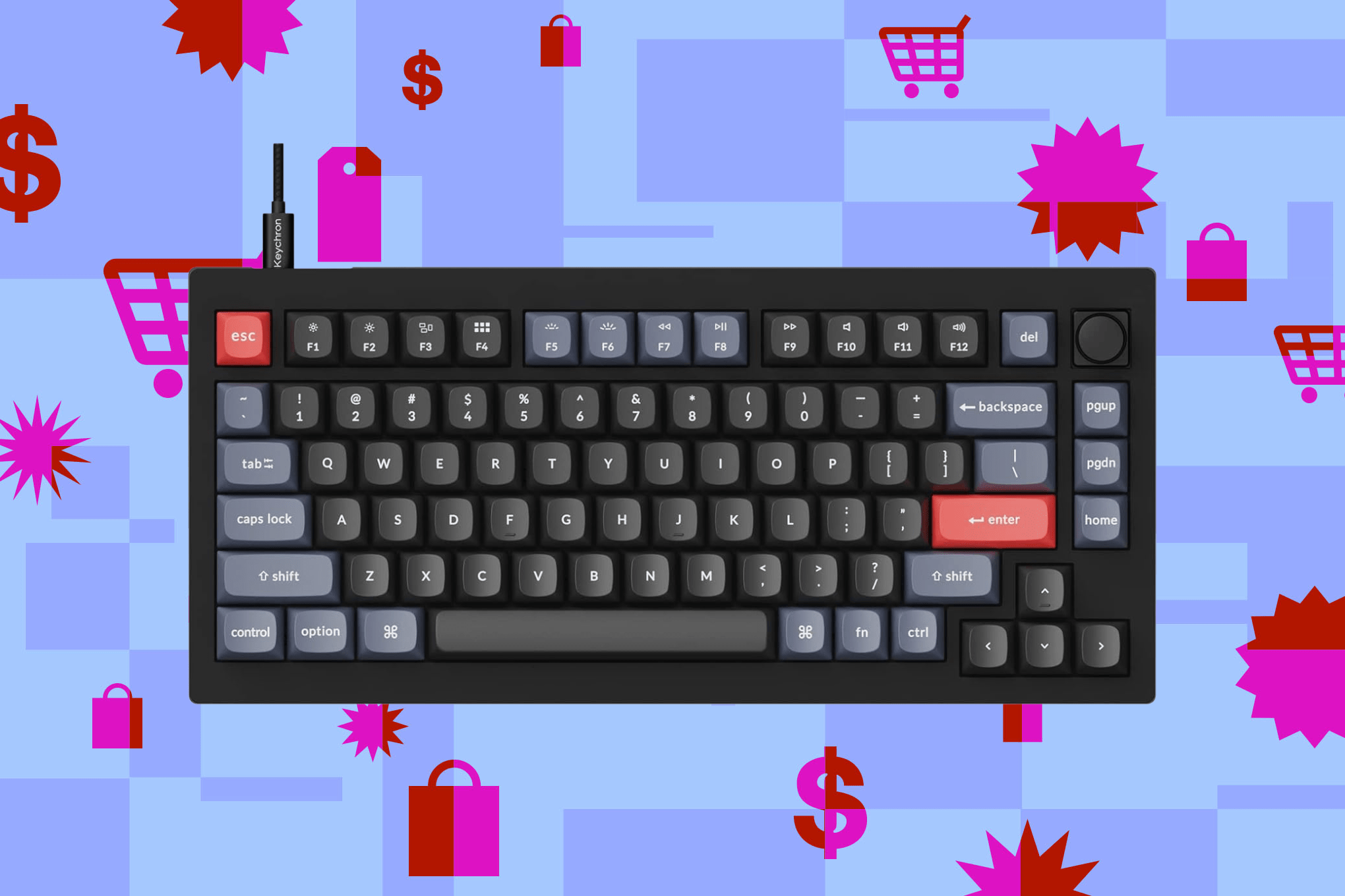 An image showcasing the Keychron V1 keyboard on a background consisting of various colors and symbols.