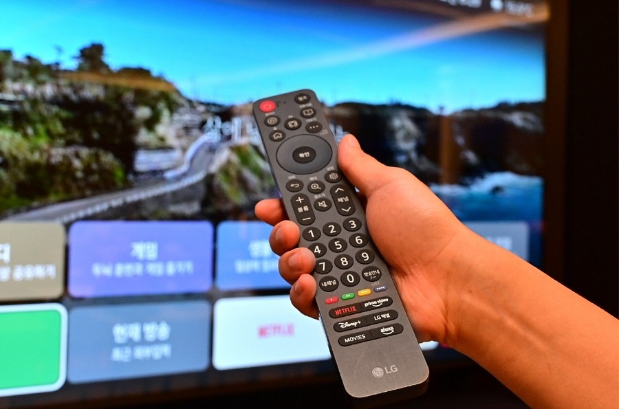 A person holding the redesigned remote for the LG Easy TV.