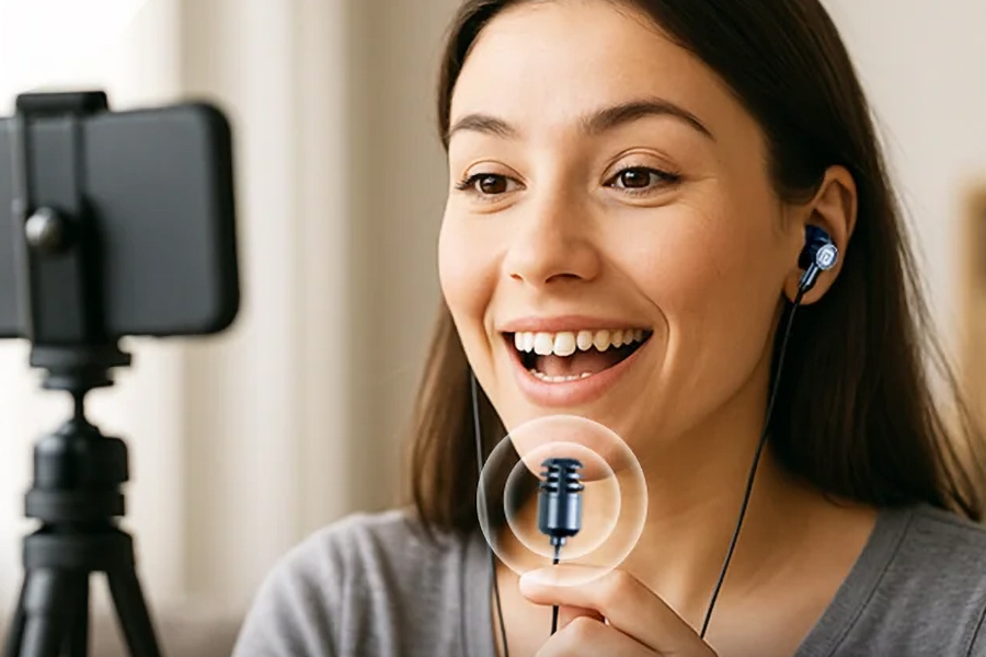A person wearing the Portronics Conch One wireless earbuds holding and speaking into their wired microphone.