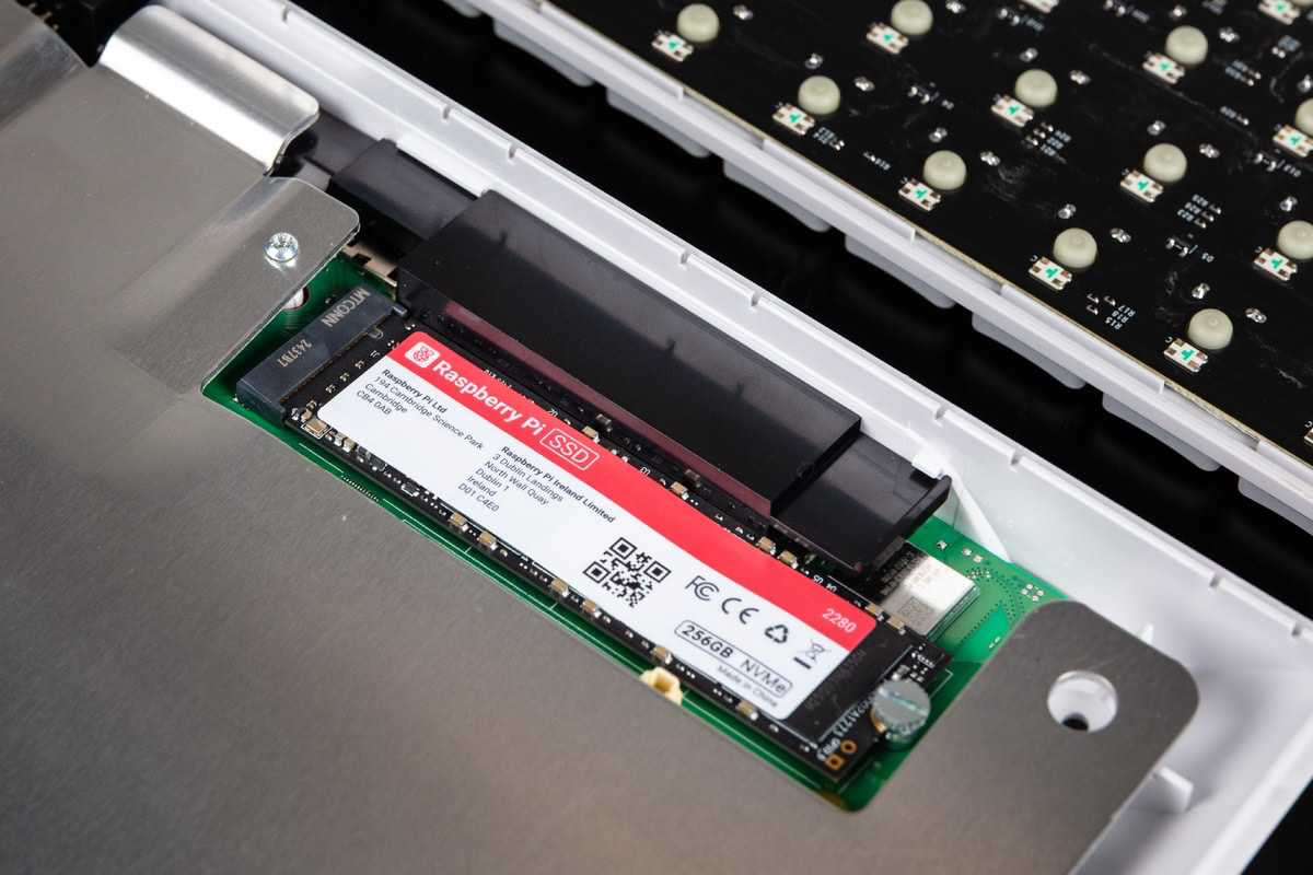The Raspberry Pi 500 Plus’ SSD storage exposed. The Raspberry Pi 500 Plus’ SSD storage exposed.