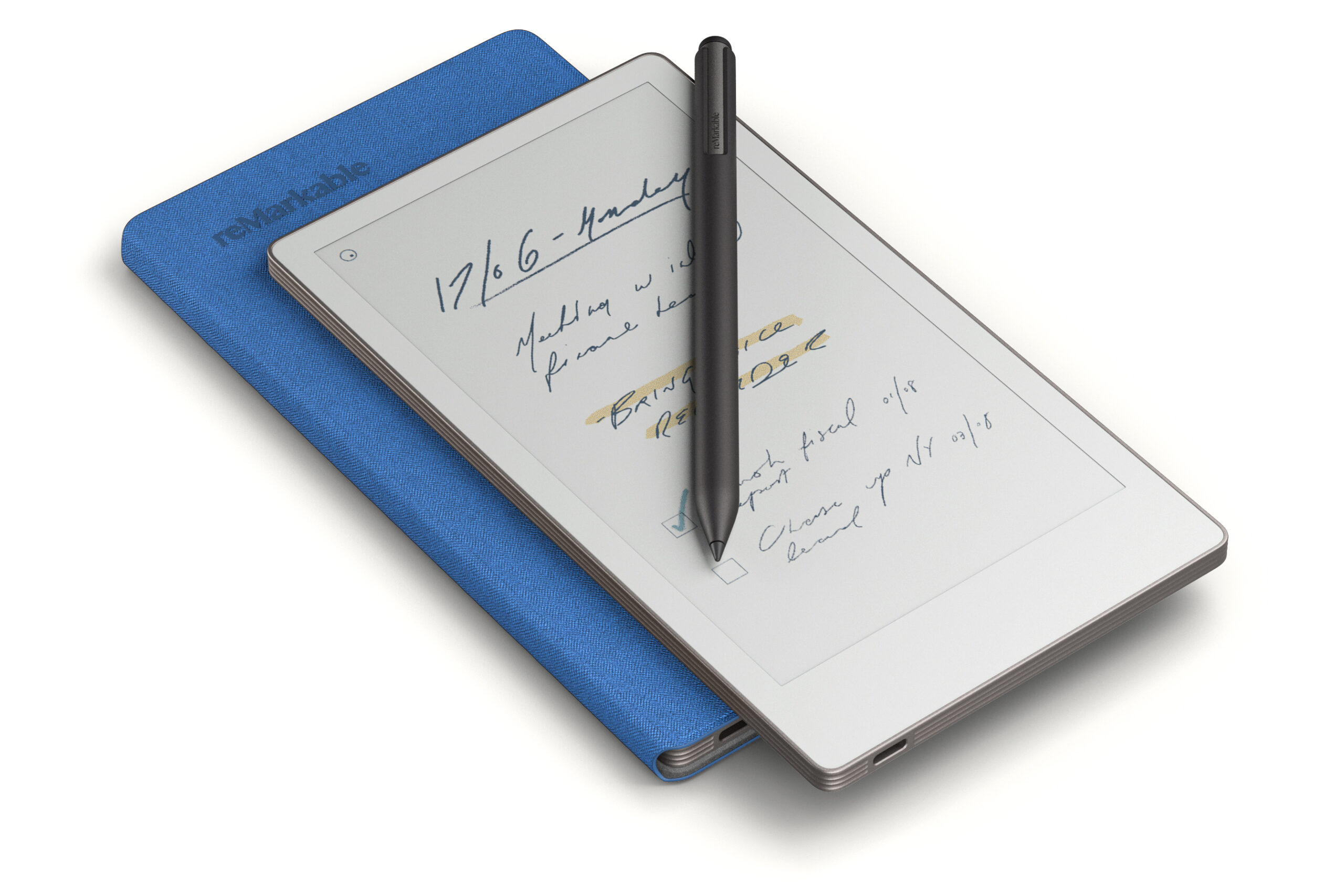 The Remarkable Paper Pro Move sitting on a blue case with its stylus on top.