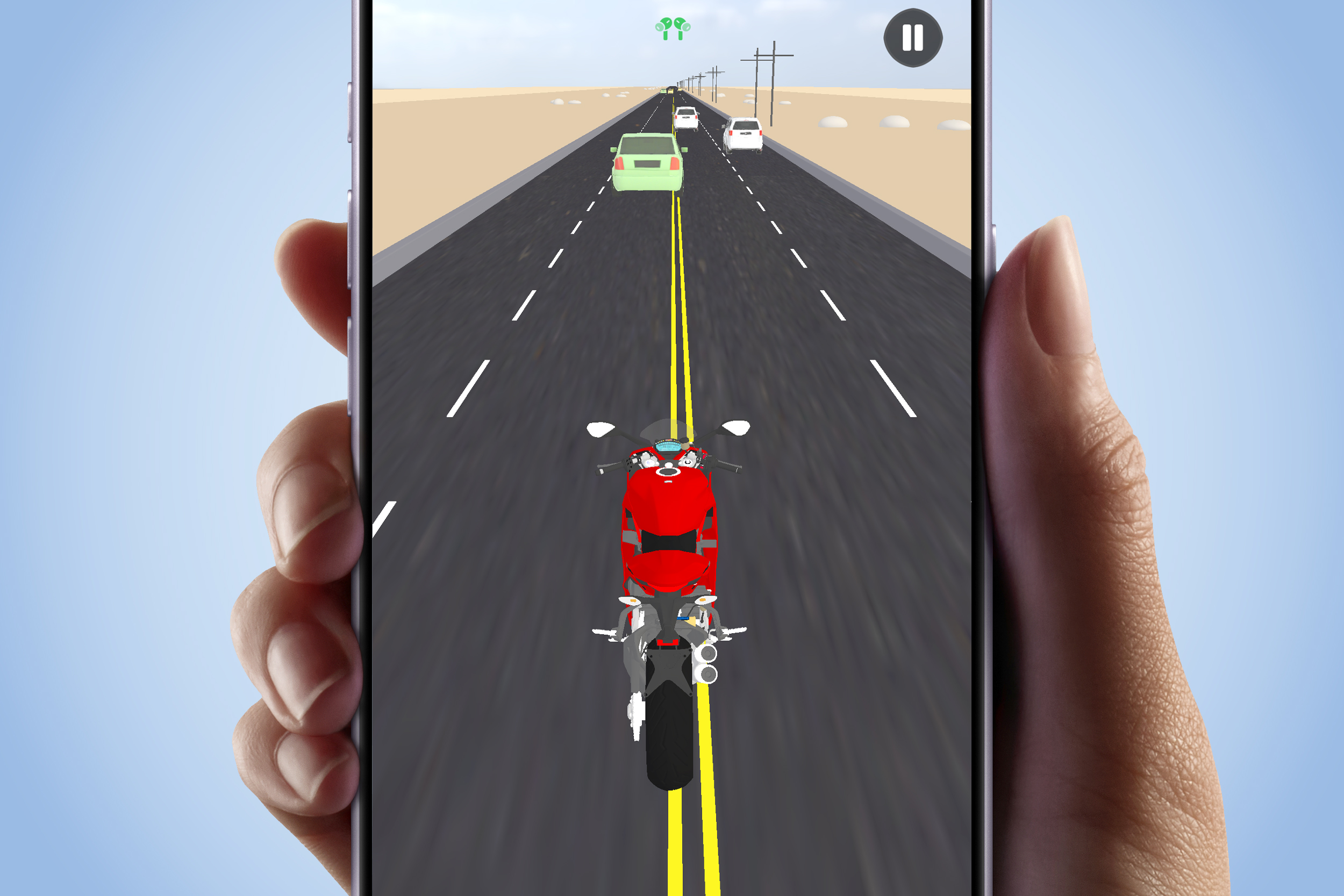 A screenshot of the RidePods game on an Apple iPhone being held in a person’s hand.