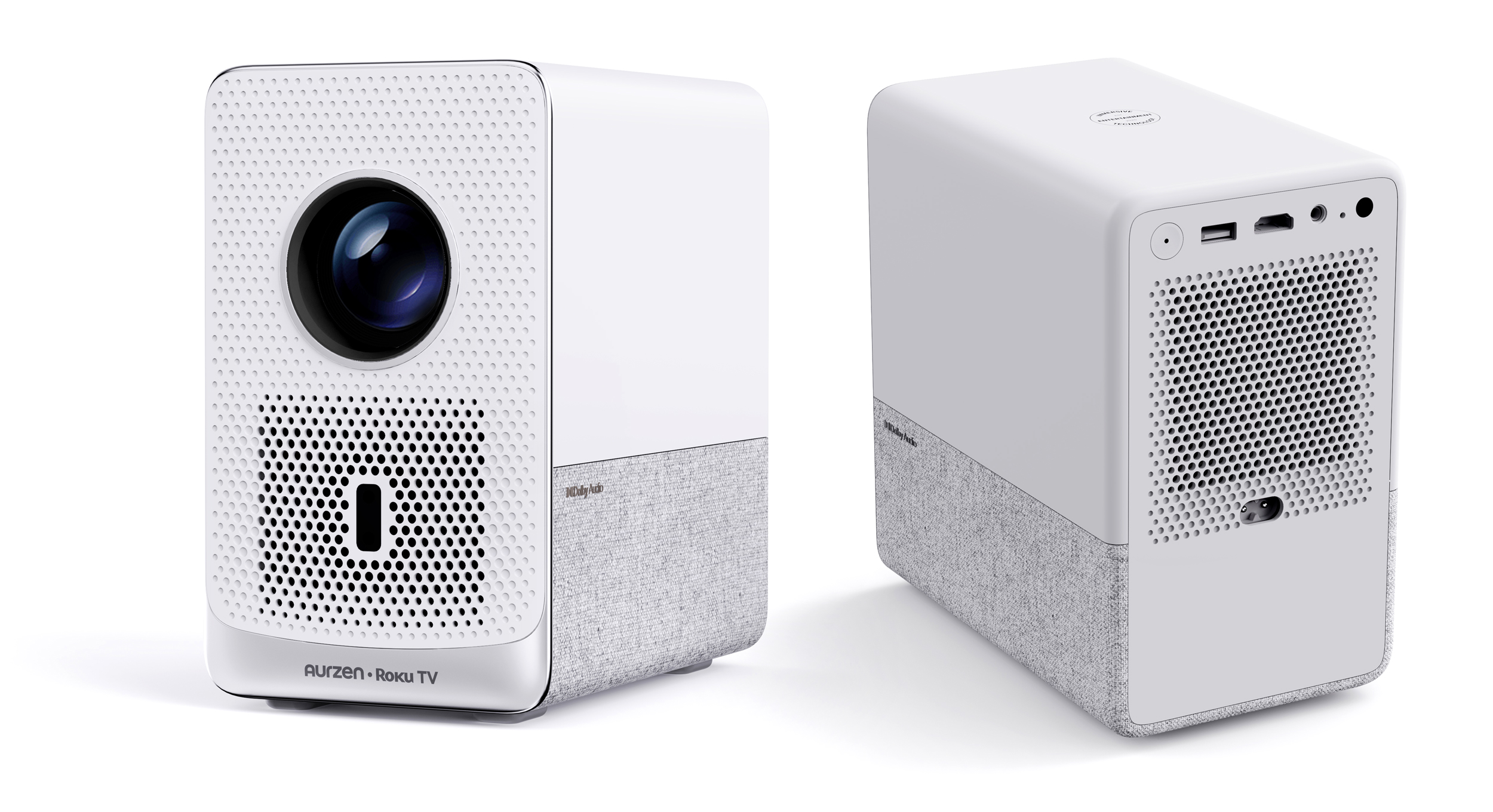 The Aurzen D1R Cube Roku TV smart projector pictured from two different angles. The Aurzen D1R Cube Roku TV smart projector pictured from two different angles.