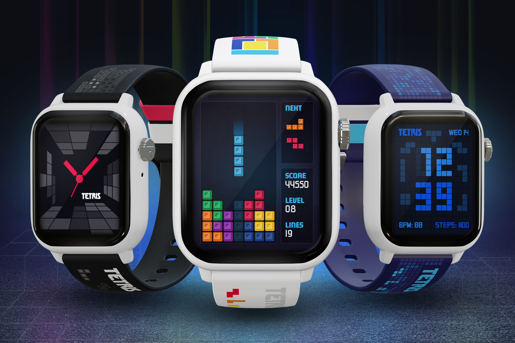 Three versions of the Tetris My Play Watch featuring watch faces and the game on screen.