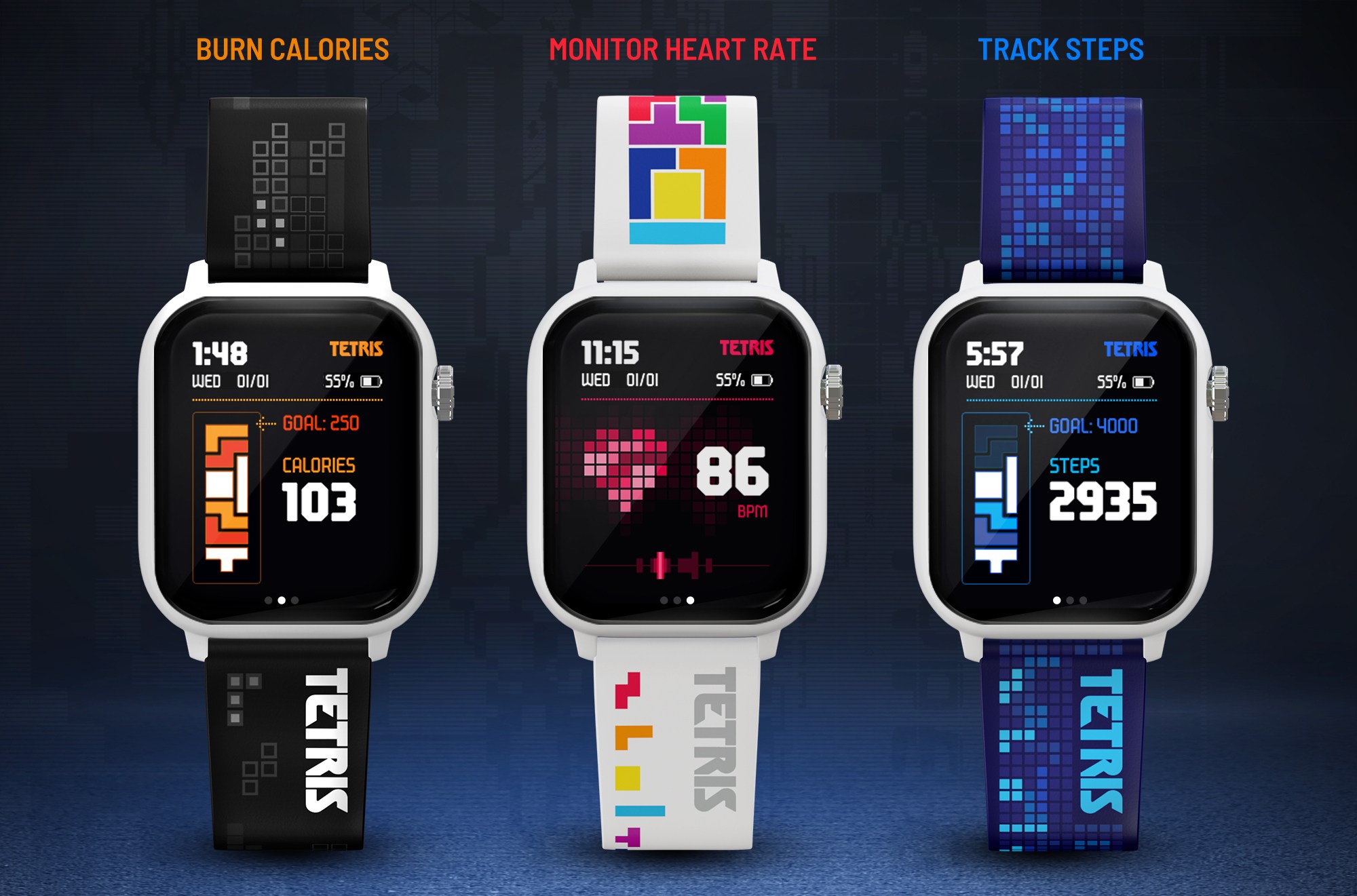 Three Tetris My Play Watches side by side showing fitness tracking features on screen.