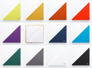 Three rows of four varicolored triangles with one in the second row opened to show a notebook.