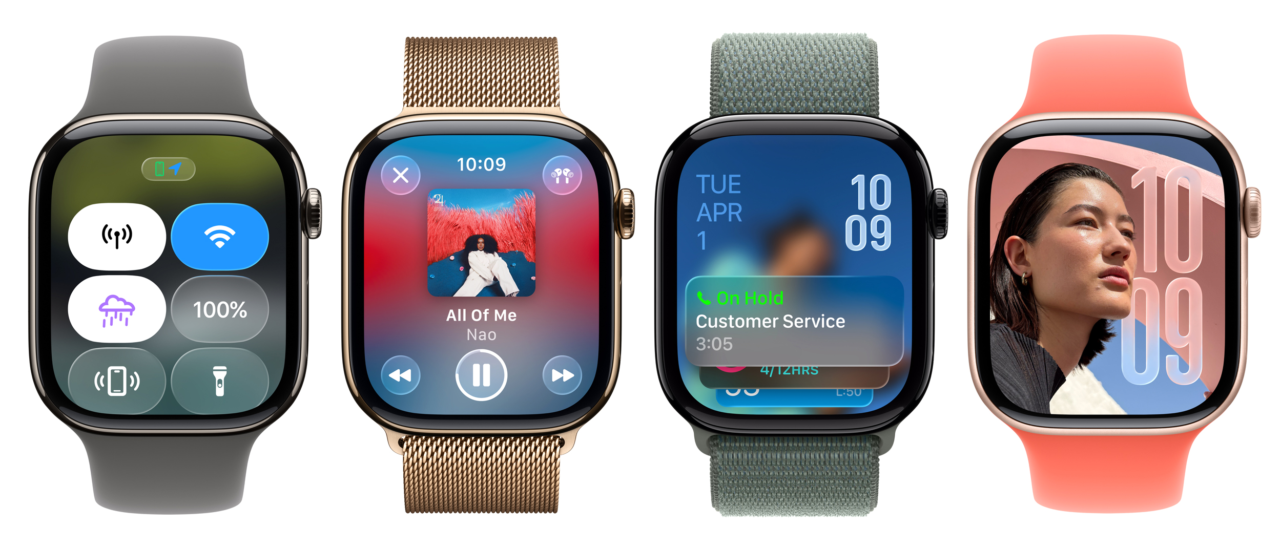 Several Apple Watches showing off various UI features of watchOS 26. Several Apple Watches showing off various UI features of watchOS 26.