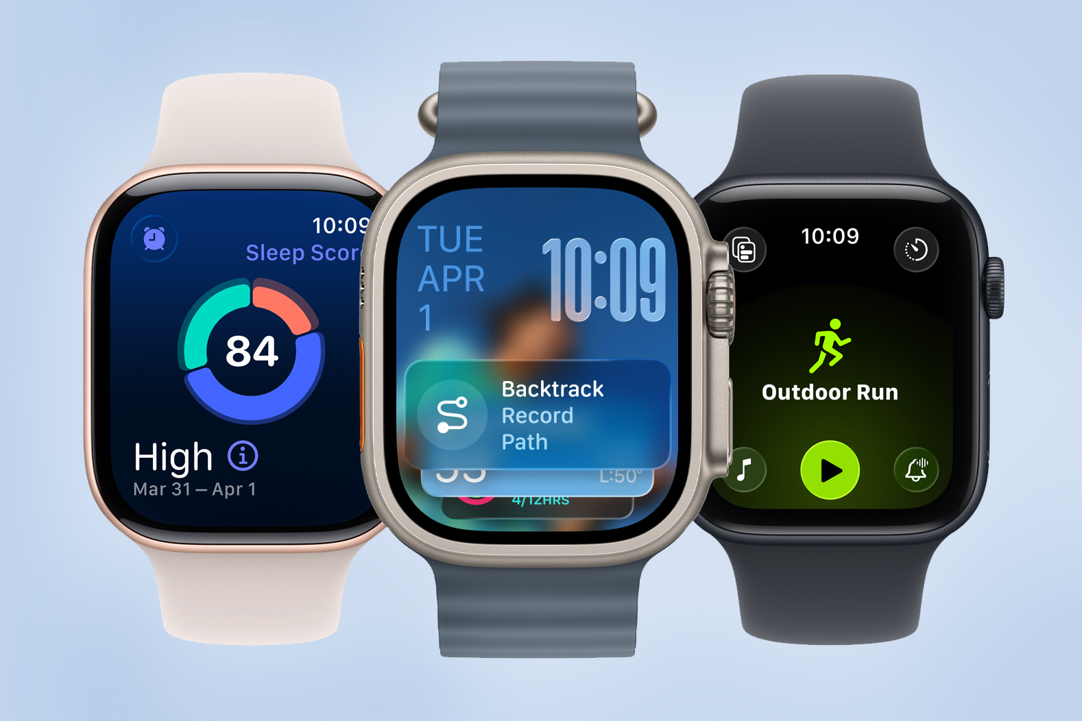 Three different Apple Watches showing varying features of watchOS 26.