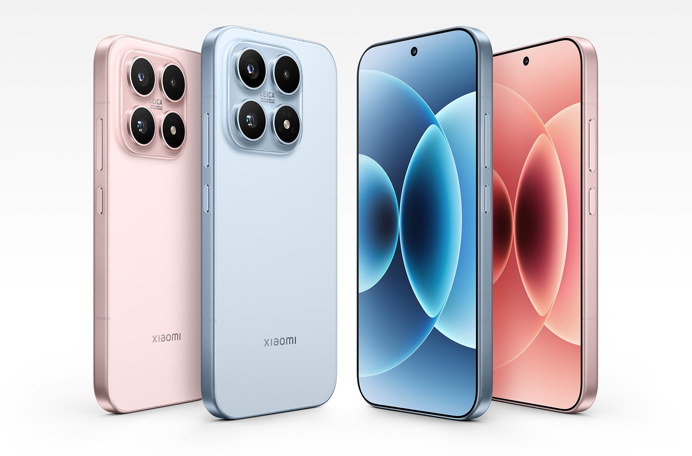 Xiaomi 17 shown from the front and back, in blue and pink, on a white background