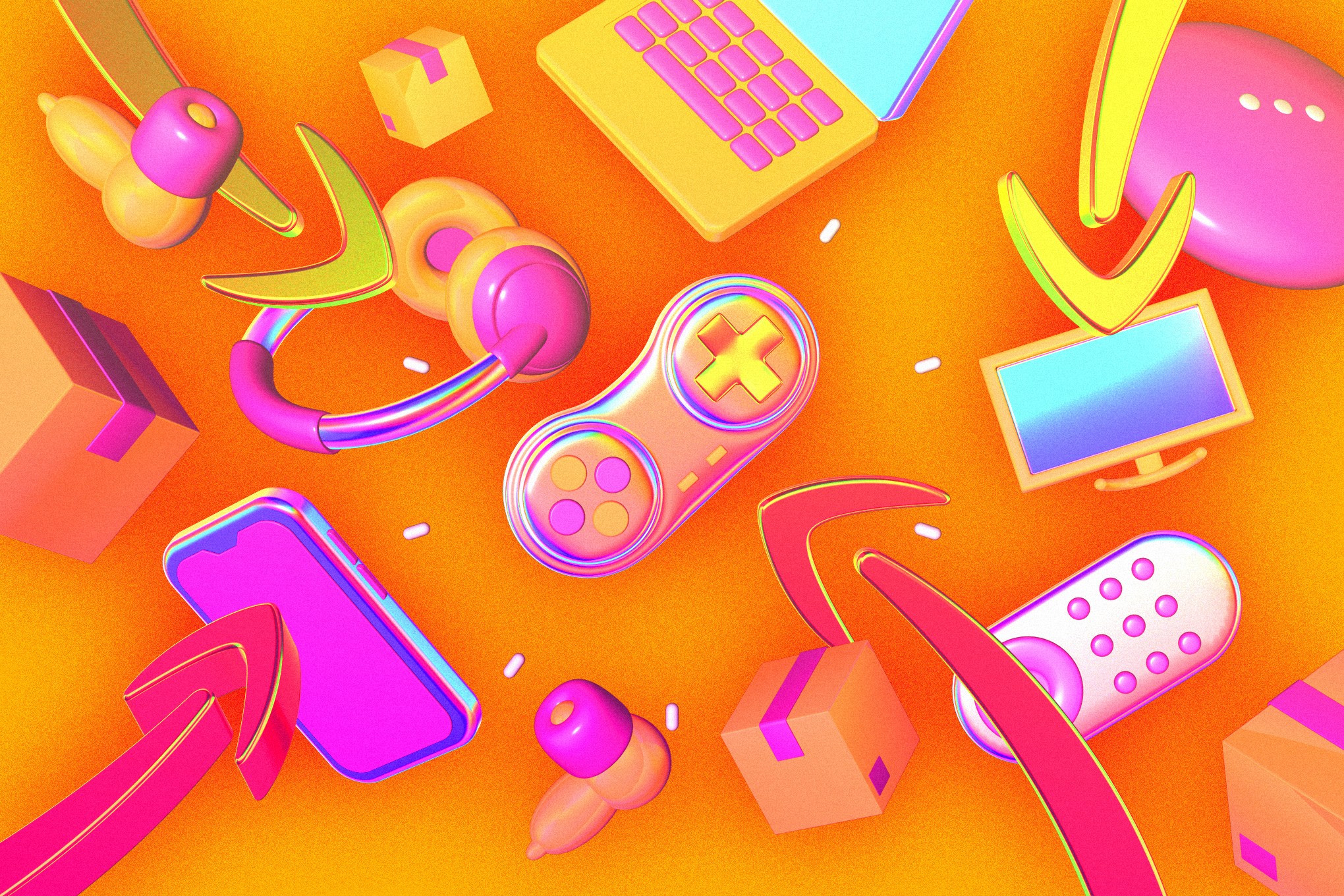 A bright graphic with a smart watch, game controller, and other gadgets surrounding the Amazon logo.