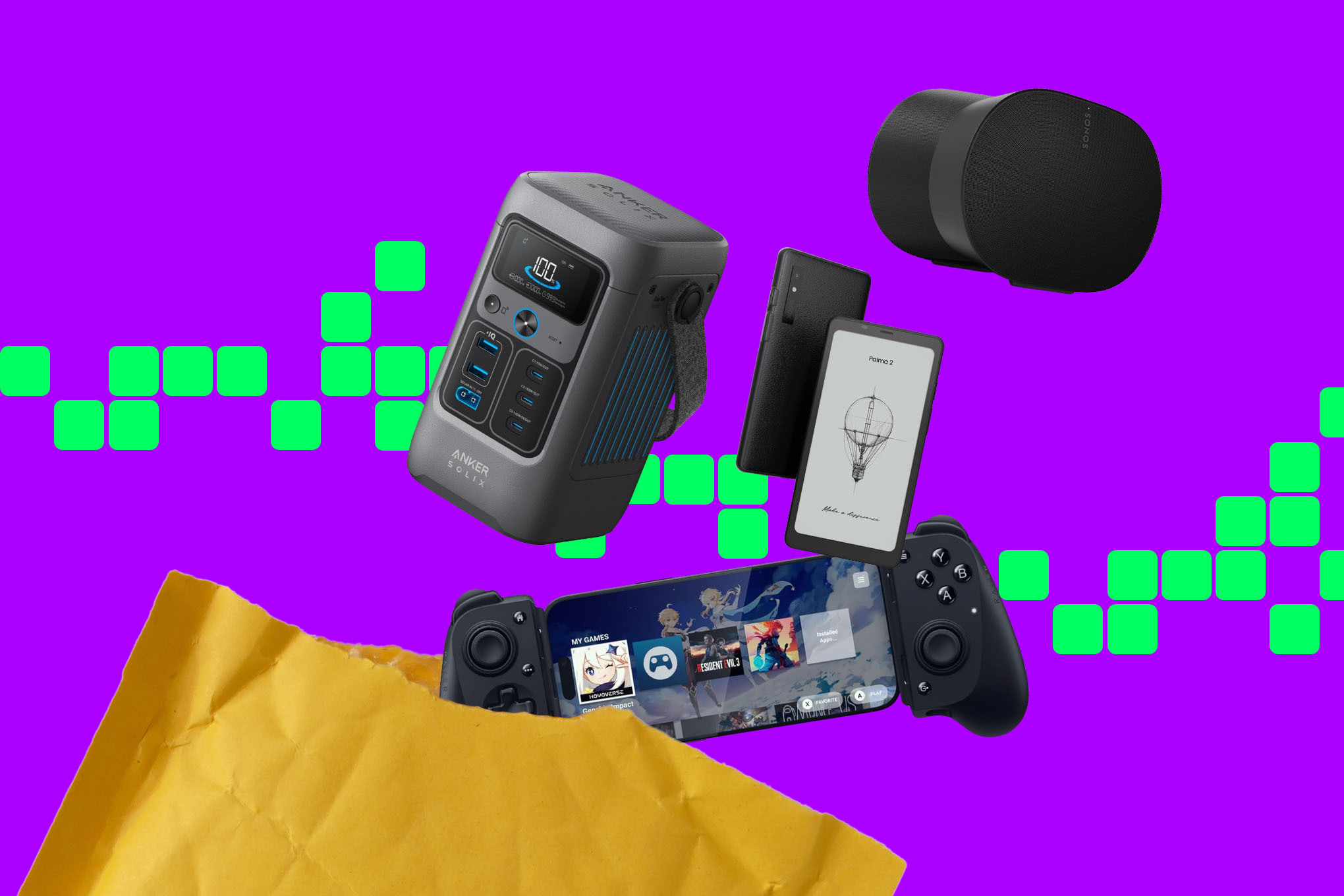 An image showing multiple products flowing out of a bubble mailer on a purple and green background. The products include a Boox Palma 2, Razer’s Kishi V3 Pro XL, the Sonos Era 300, and the Anker Solix power station.