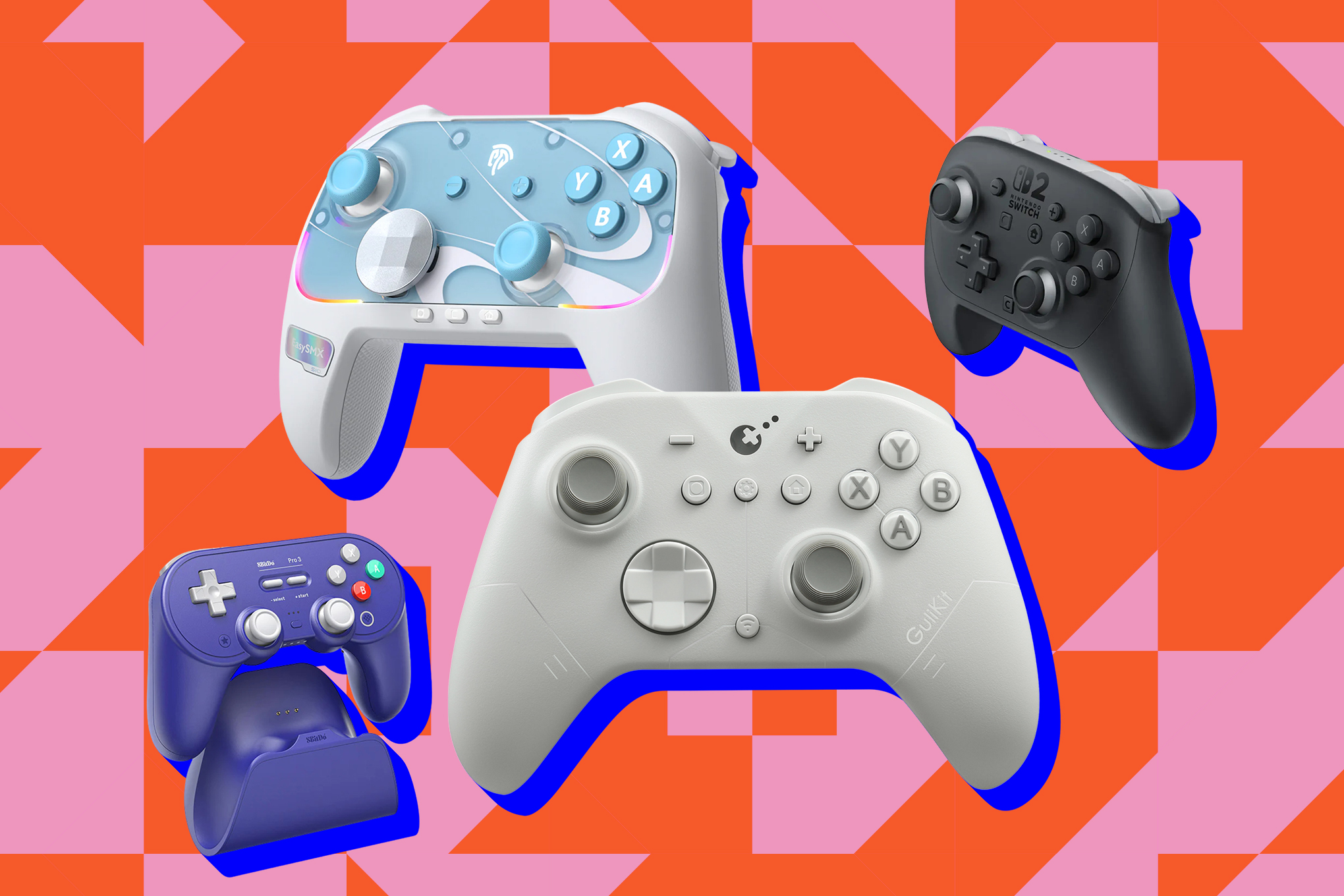 A collage showing the Gulikit ES Pro wireless controller along with the Nintendo Switch 2 Pro Controller, the EasySMX S10, and 8BitDo’s Pro 3 on a red and pink background.