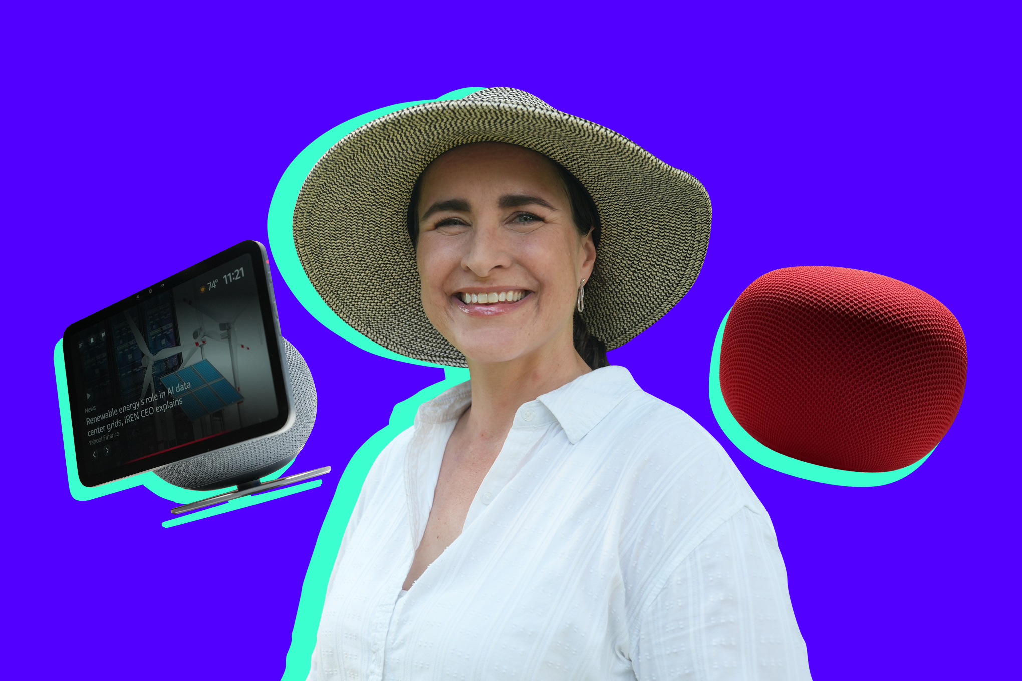 An illustration of a woman surrounded by two smart speakers on a blue background