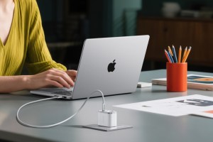 Anker's Nano 70W USB-C Charger connected to a MacBook.