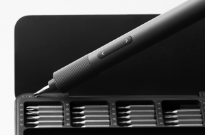 A close-up image of Hoto mini electric screwdriver and the carrying case, with some of the steel bits visible.