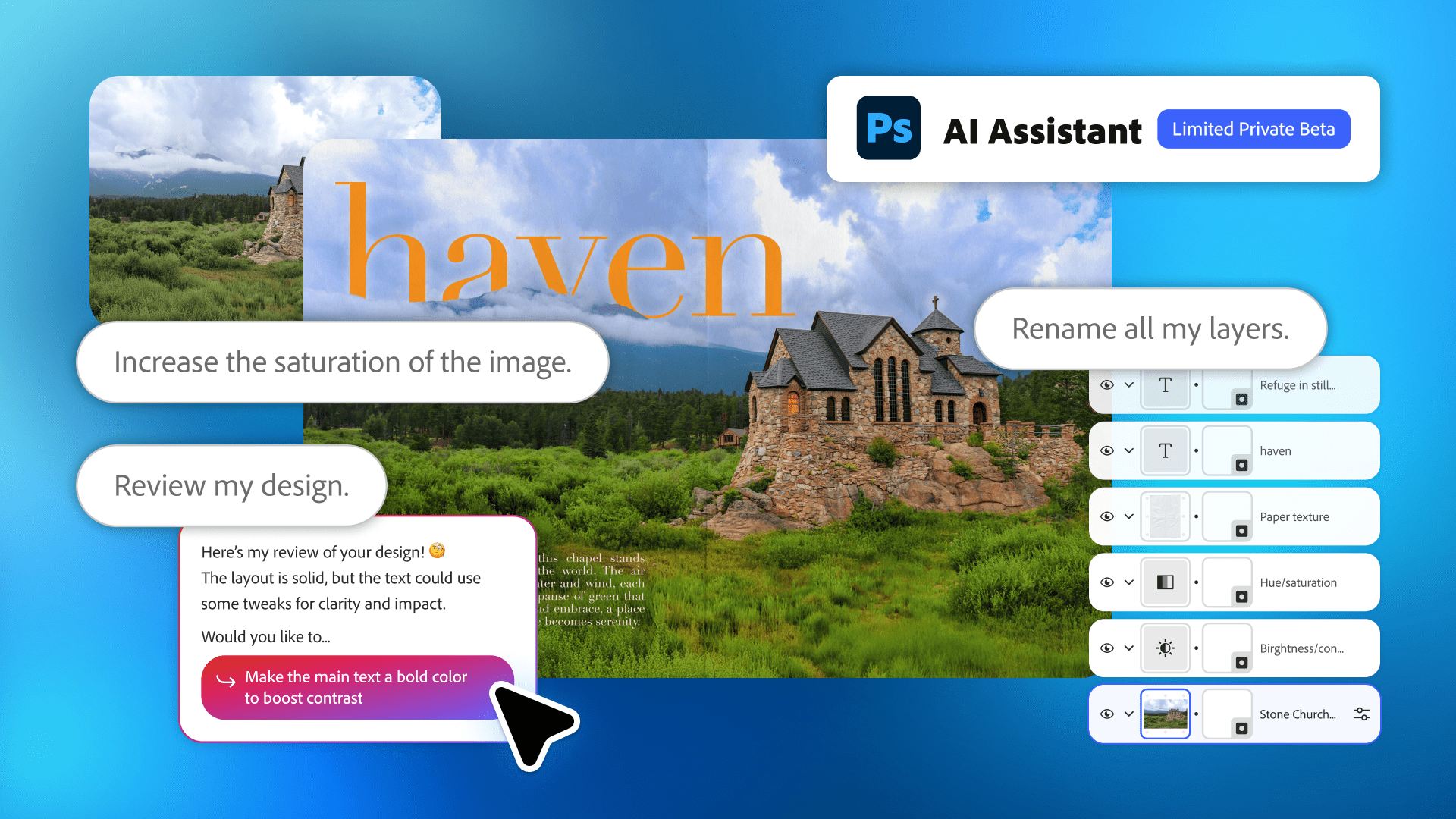 Examples of the Photoshop AI Assistant capabilities