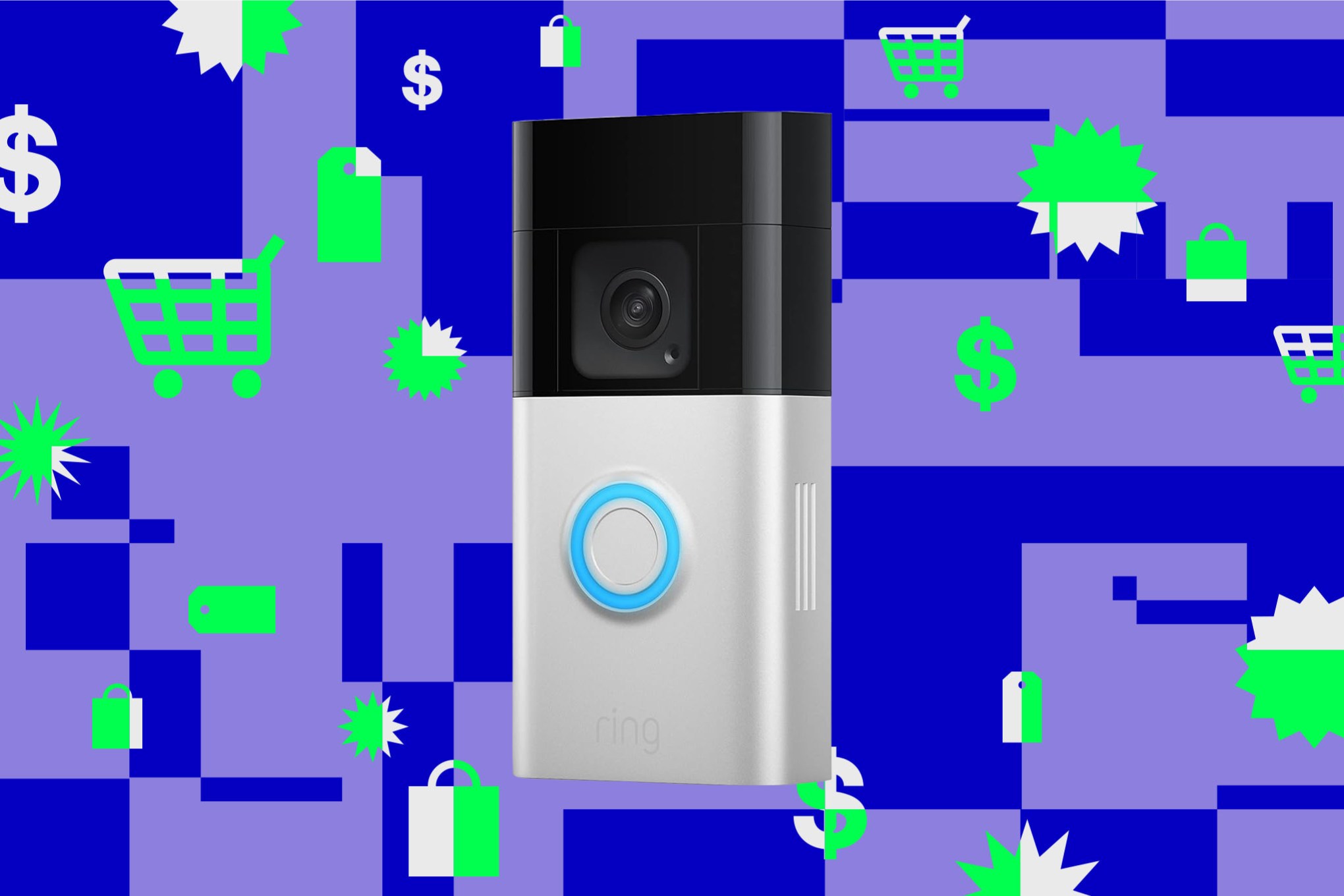Ring’s Battery Doorbell Plus on a blue and green background.