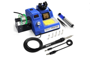 Soldering kit including station, soldering iron, and various tips and wires.