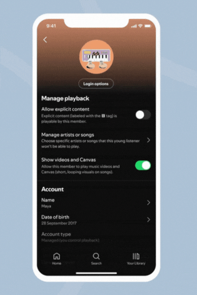 A GIF demonstrating the managed accounts for Spotify Family plans.