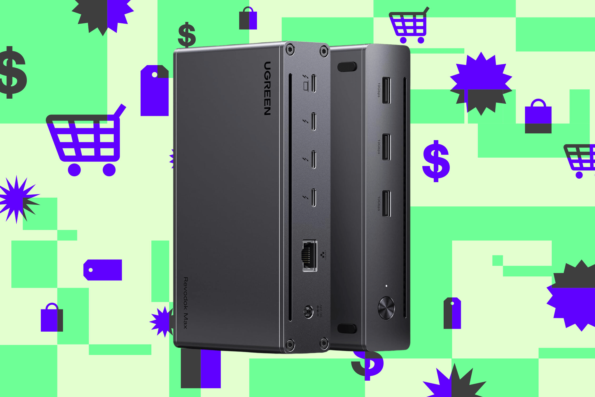 Ugreen’s Revodok Max 208 Thunderbolt 4 dock on a green and purple background.