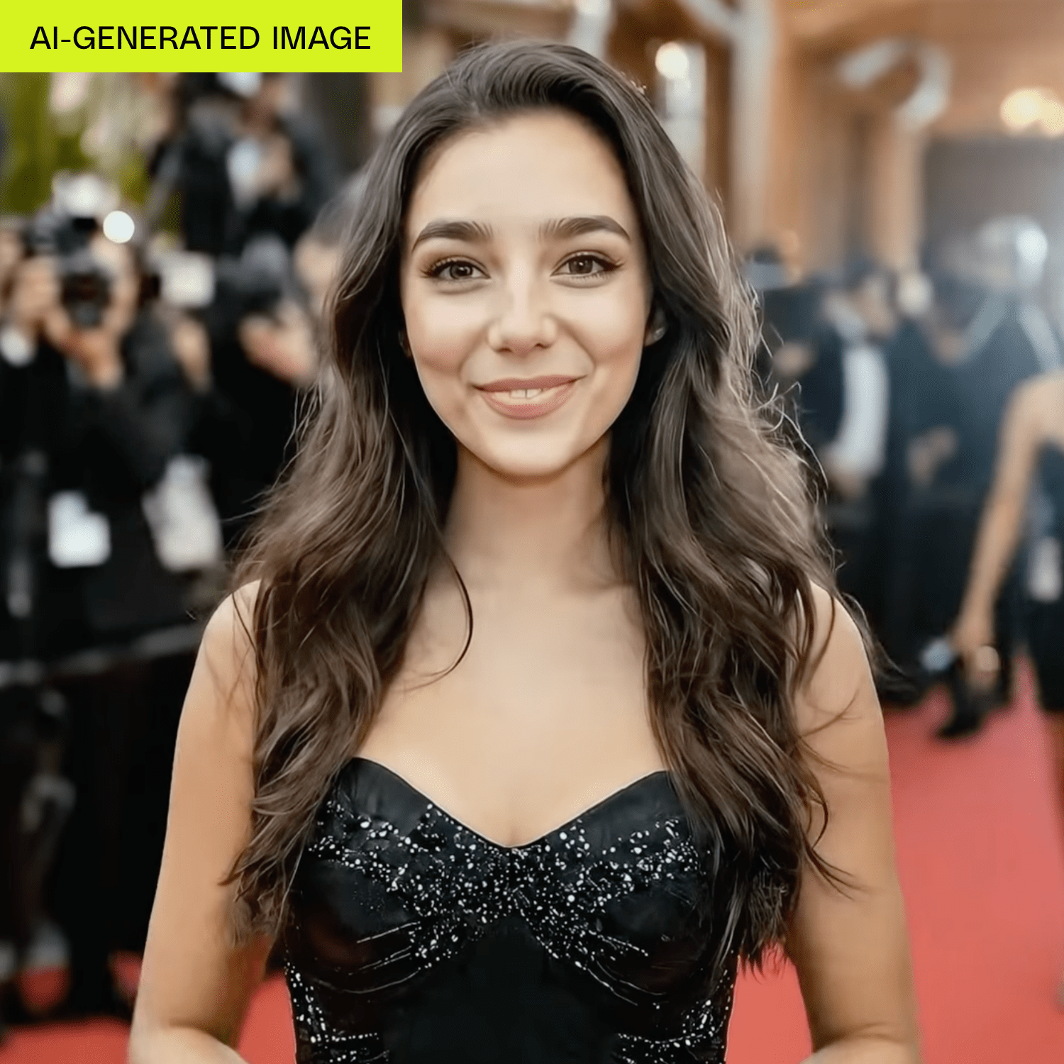 AnAI generated image of a woman in a black dress standing on a red carpet in front of a group of photographers.