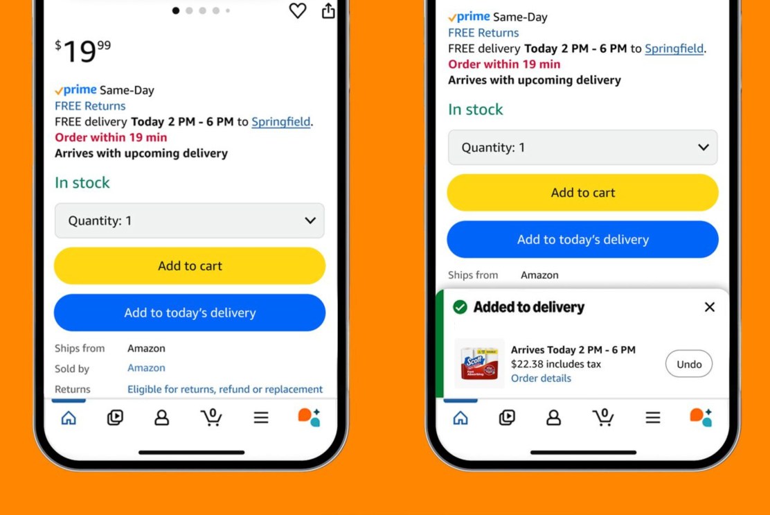 Two smartphones featuring Amazon’s online store on screen.