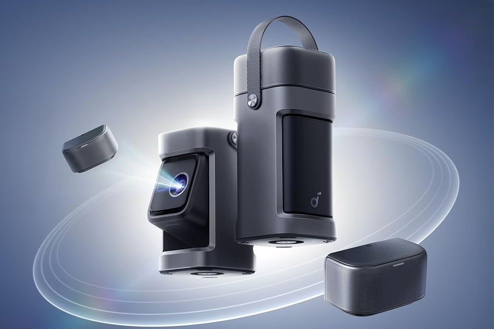 The Anker Soundcore Nebula P1 projector shown with its speakers attached and removed.