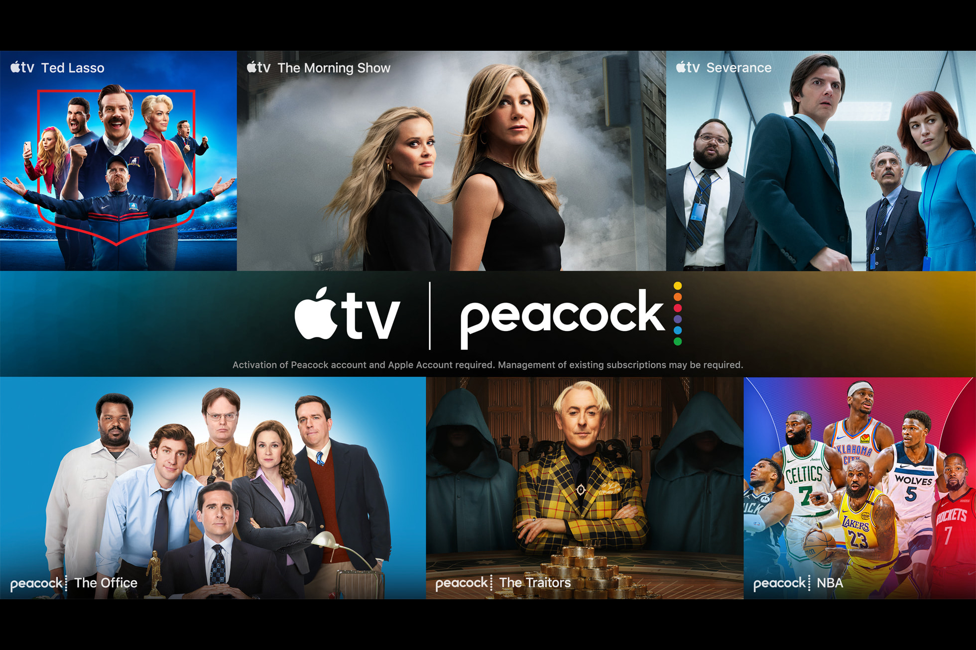 Several Apple TV and Peacock Premium TV series next to each platform’s logo.