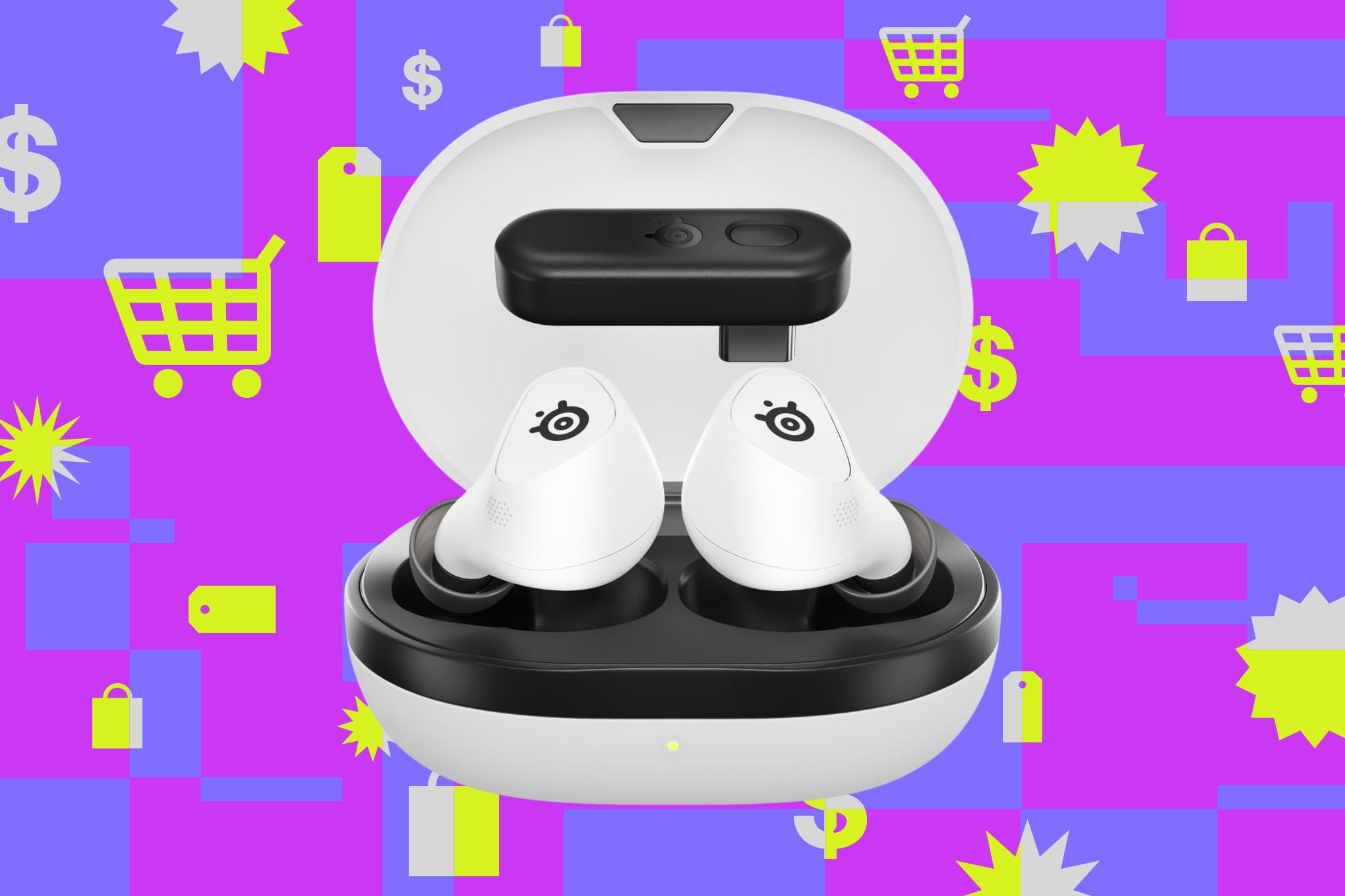 An image showing the white SteelSeries Arctis Buds wireless noise canceling earbuds on a custom background comprised of shopping symbols (shopping carts, cash symbols, price tags).