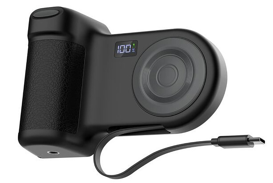 A close-up of the Belkin Stage PowerGrip accessory in black.