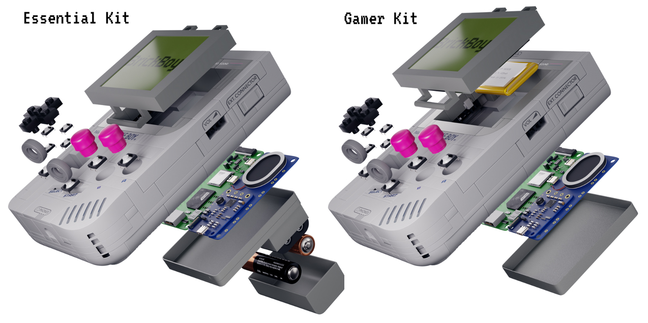 A pair of images showing the electronic components the BrickBoy kit adds to the Lego Game Boy.
