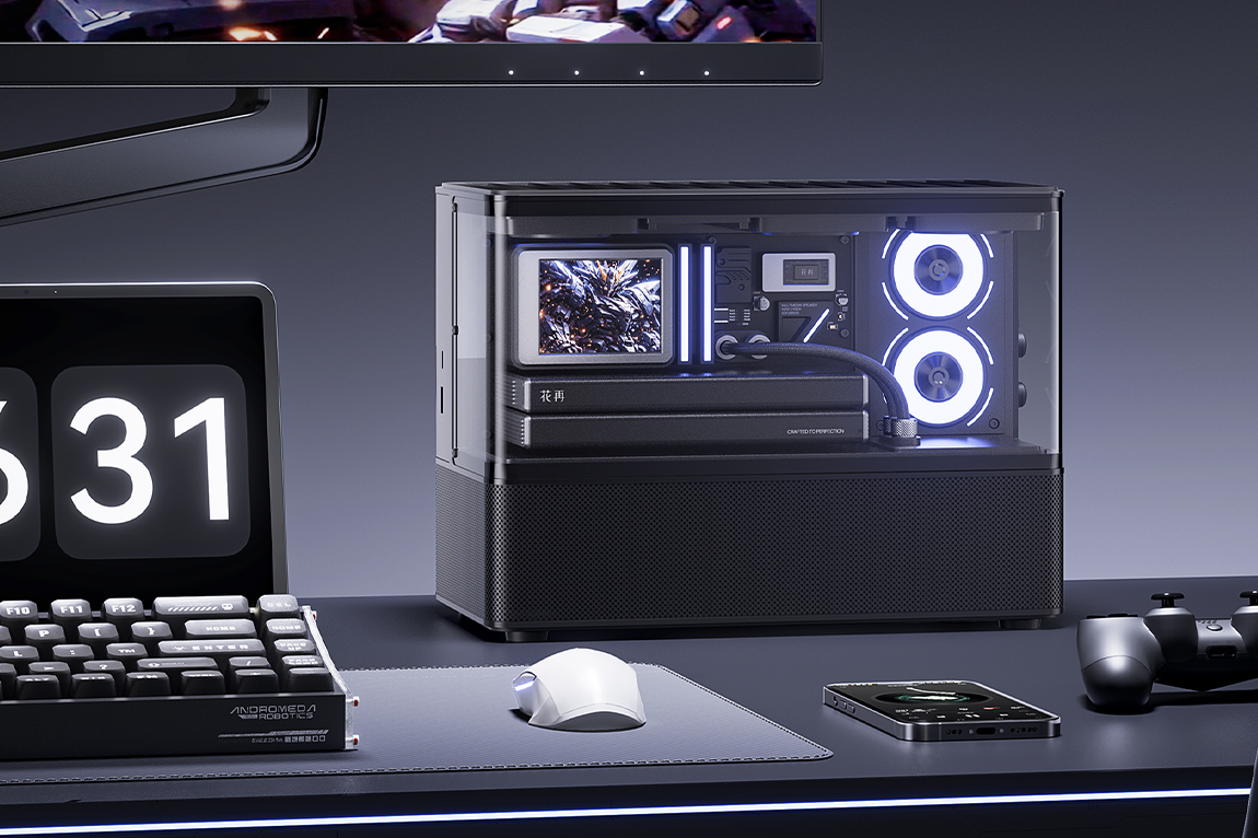 Edifier’s Cyber speaker on a desk next to a keyboard and monitor.